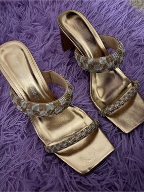 Chinese Laundry Metallic Gold Checkered Two-Strap Block Heel Mules